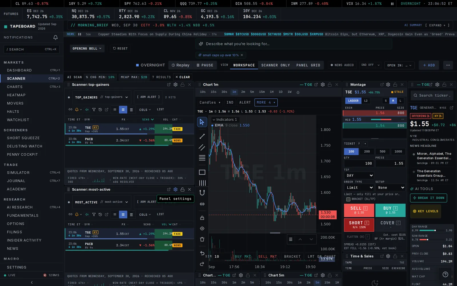 The scanner with a plain-English search, filter chips and a live futures strip above it