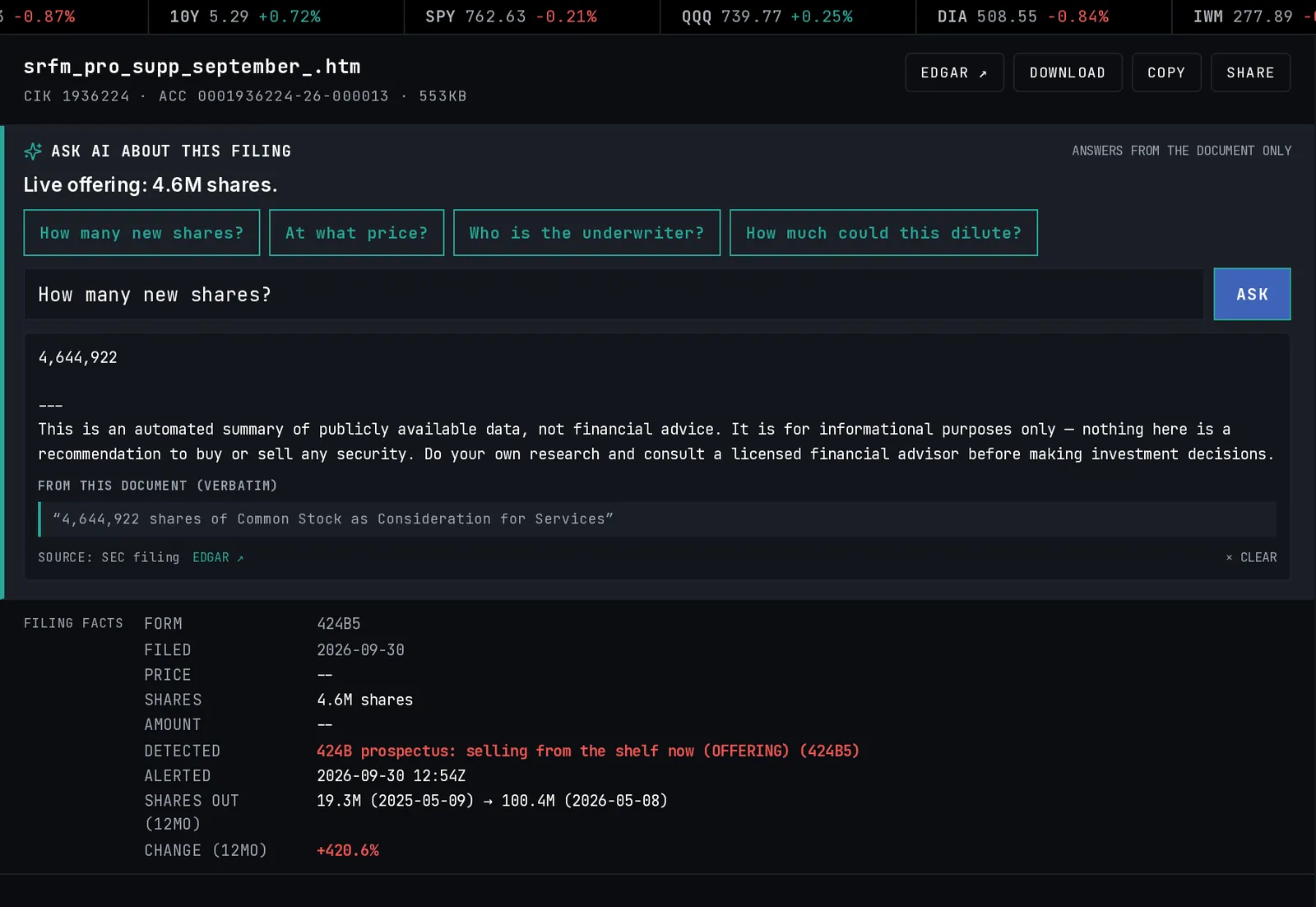 A 424B5 prospectus supplement open in the viewer with the Ask AI panel answering a question