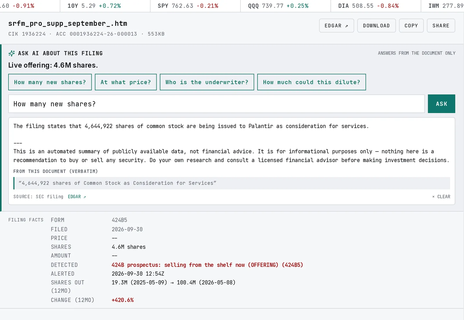 A 424B5 prospectus supplement open in the viewer with the Ask AI panel answering a question