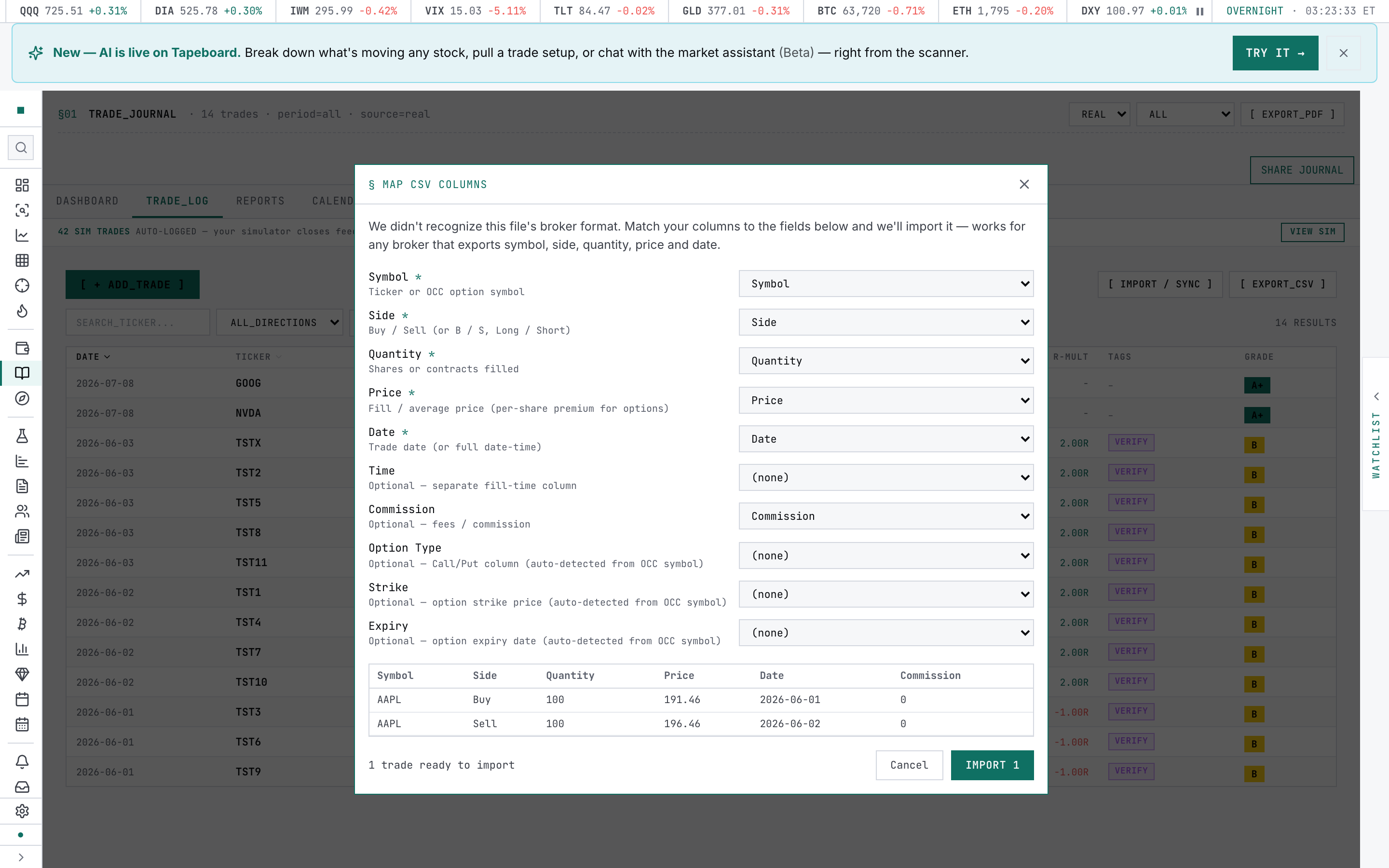 The column-mapping wizard for an unrecognized broker CSV: the live row preview and the Symbol / Side / Quantity / Price / Date field mapping