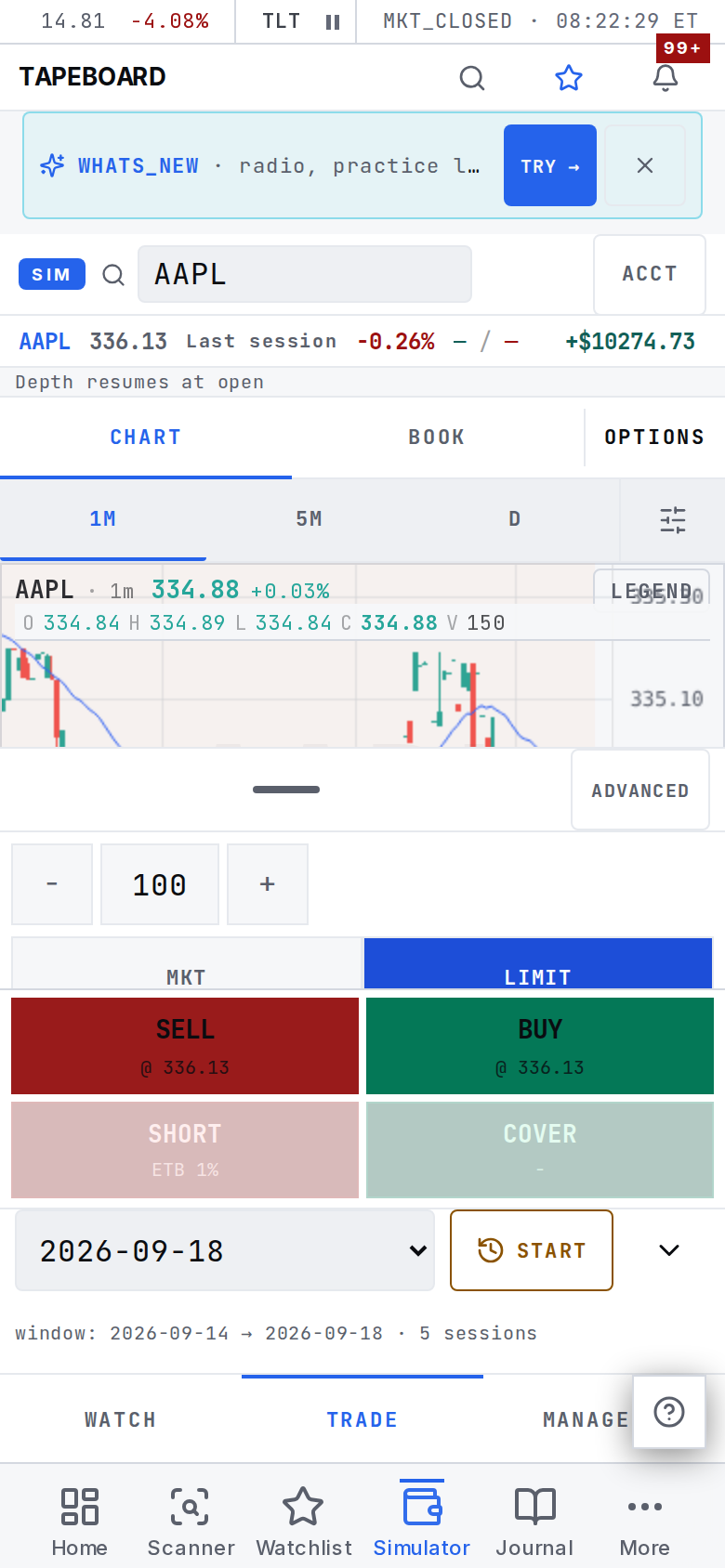 The simulator on a phone: the TRADE view with a full-width candlestick chart, a price header, and the WATCH / TRADE / MANAGE tab bar along the bottom; above the tab bar a thin replay strip shows a day picker and play controls