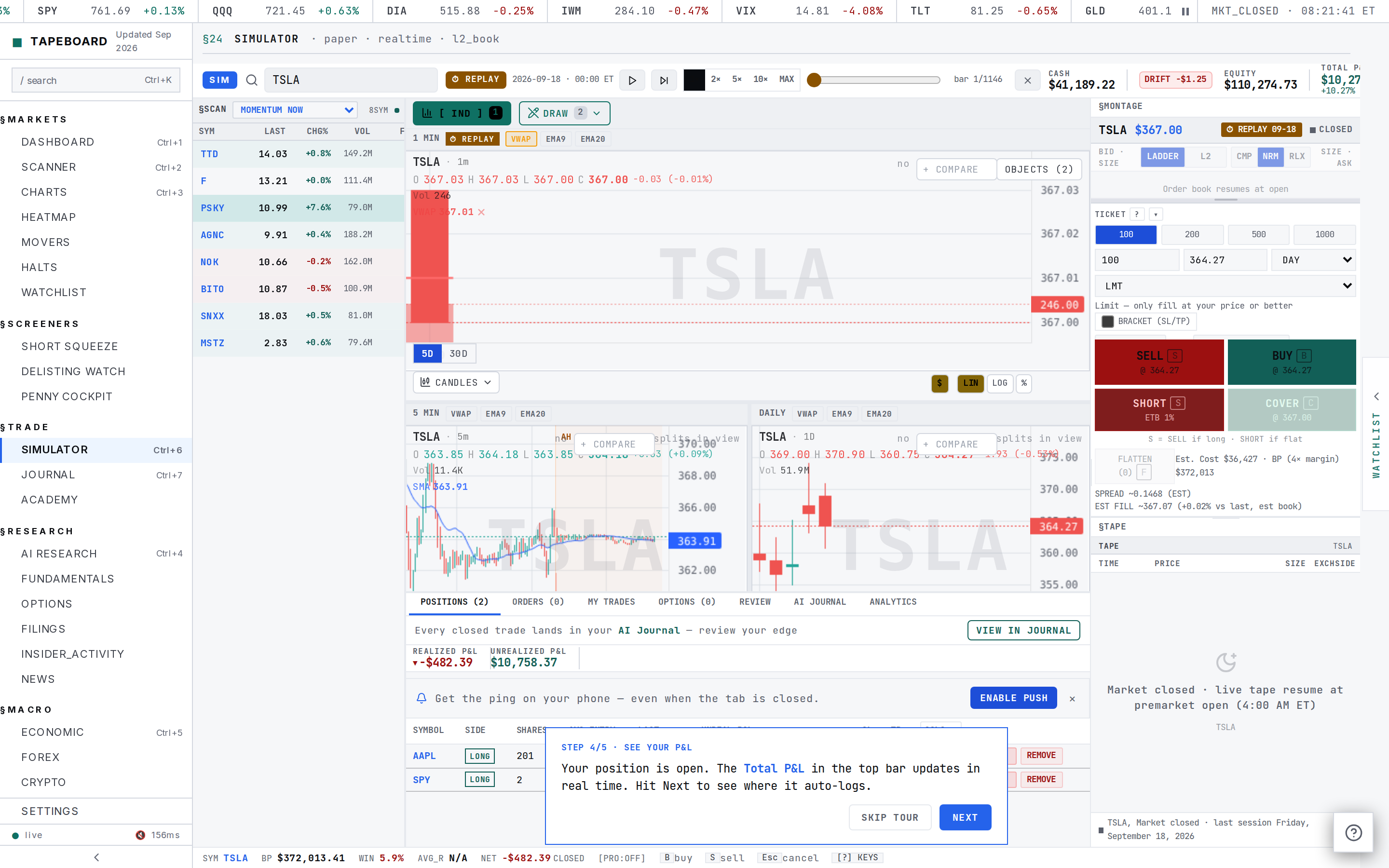 The active Market Replay transport in the simulator top bar: an amber REPLAY mode pill, the session date with a live cursor clock in ET, play and pause controls, a step-forward button, a speed selector, and a scrub slider partway through a past session
