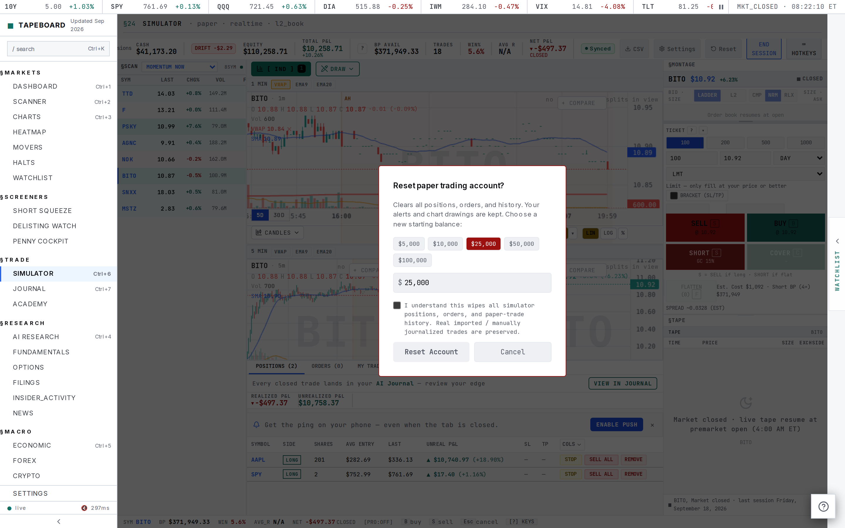The starting-balance picker, shown via the RESET dialog: title Reset paper trading account?, a warning that positions, orders, and paper-trade history clear while real imported trades are preserved, five preset buttons for 5,000 / 10,000 / 25,000 / 50,000 / 100,000 dollars, a custom amount field, a confirm checkbox, and a red Reset Account button beside Cancel. The first-visit dialog shows this same picker under the title Set your starting balance with a Start Trading button