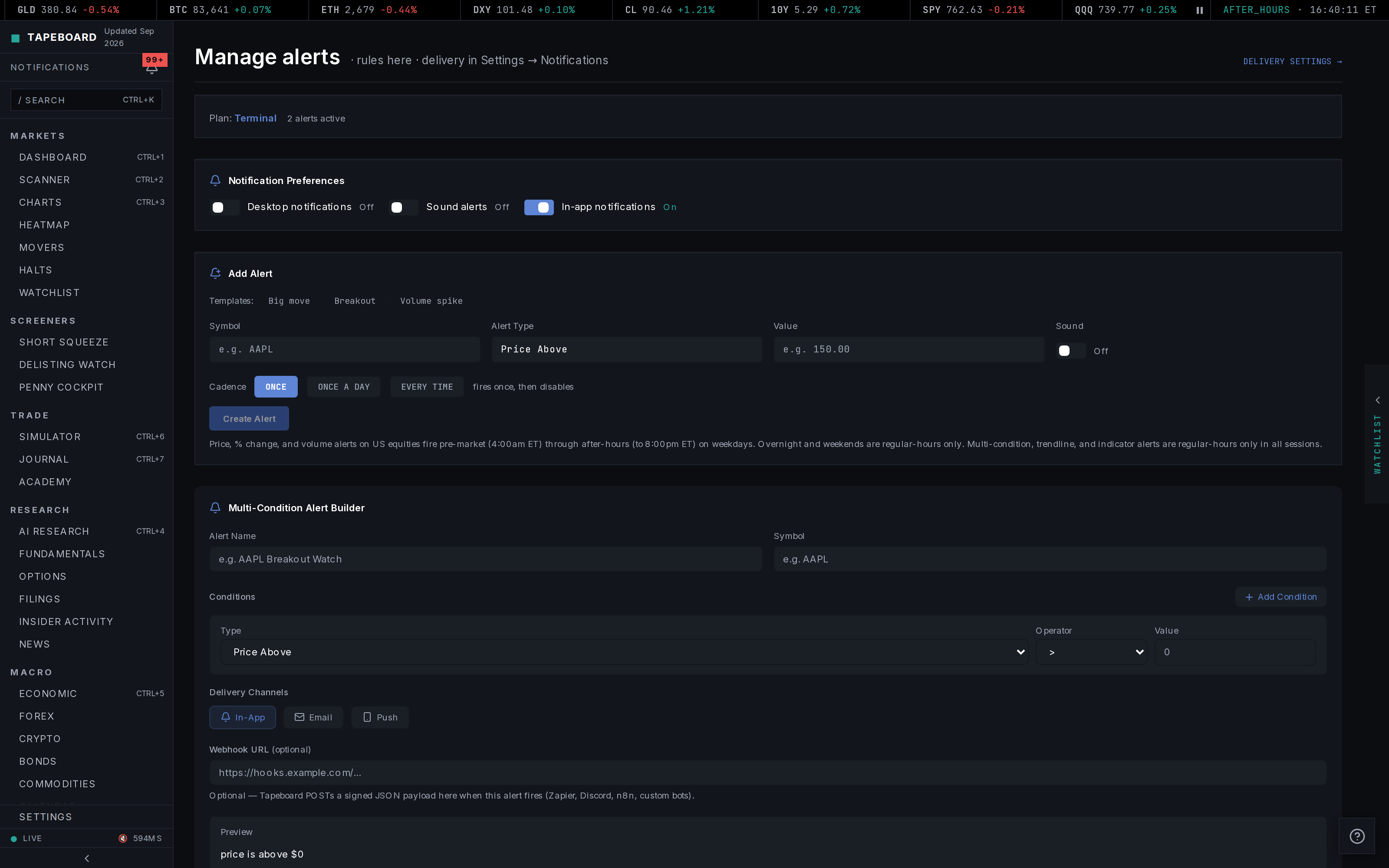 The alerts page