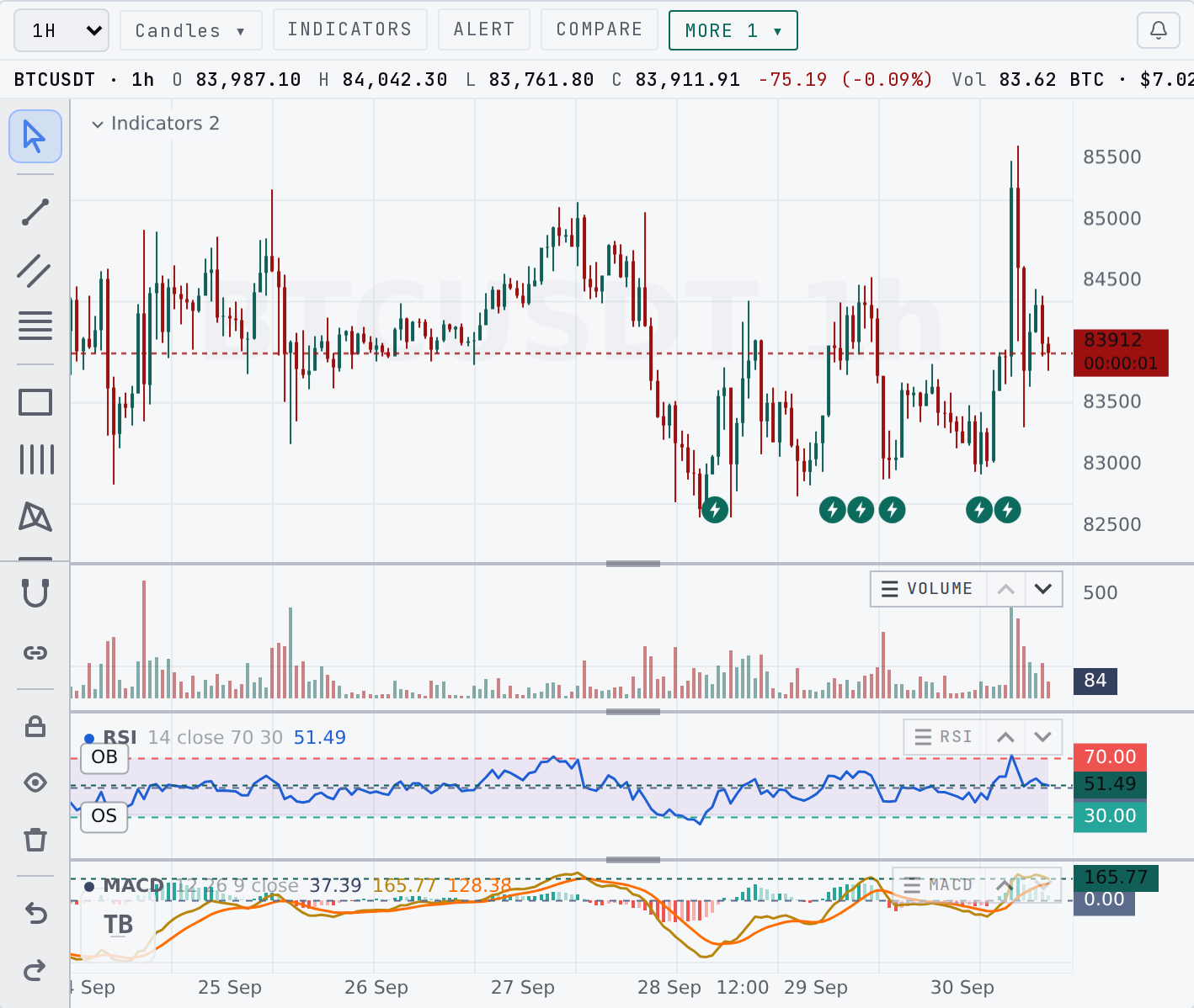 A price pane, volume, RSI and MACD panes with a grip pill on each divider