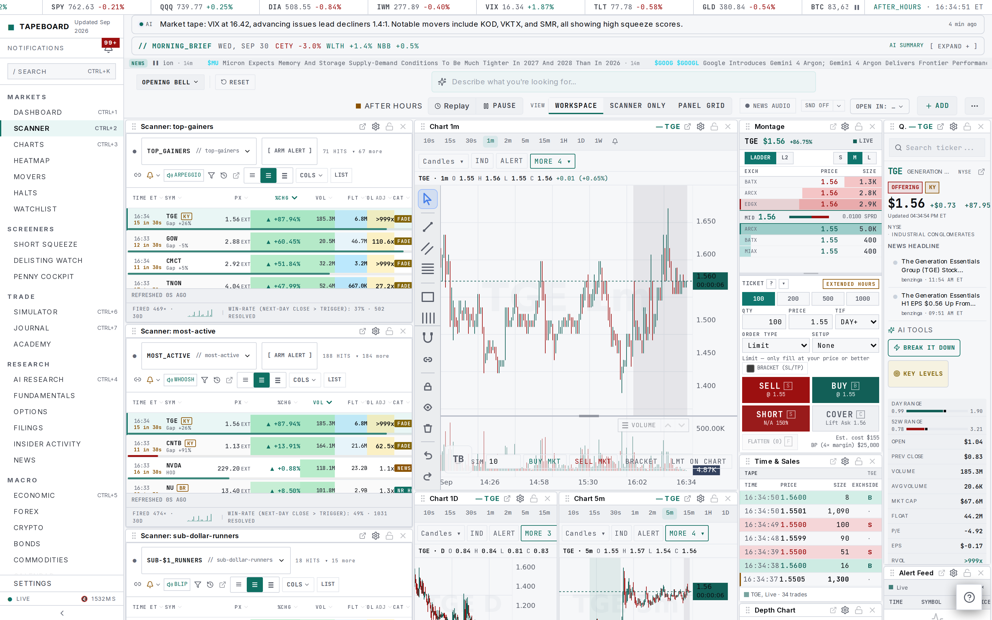 A selected row loads its chart and quote on a computer. Phone cards carry chart, sim trade and watchlist buttons