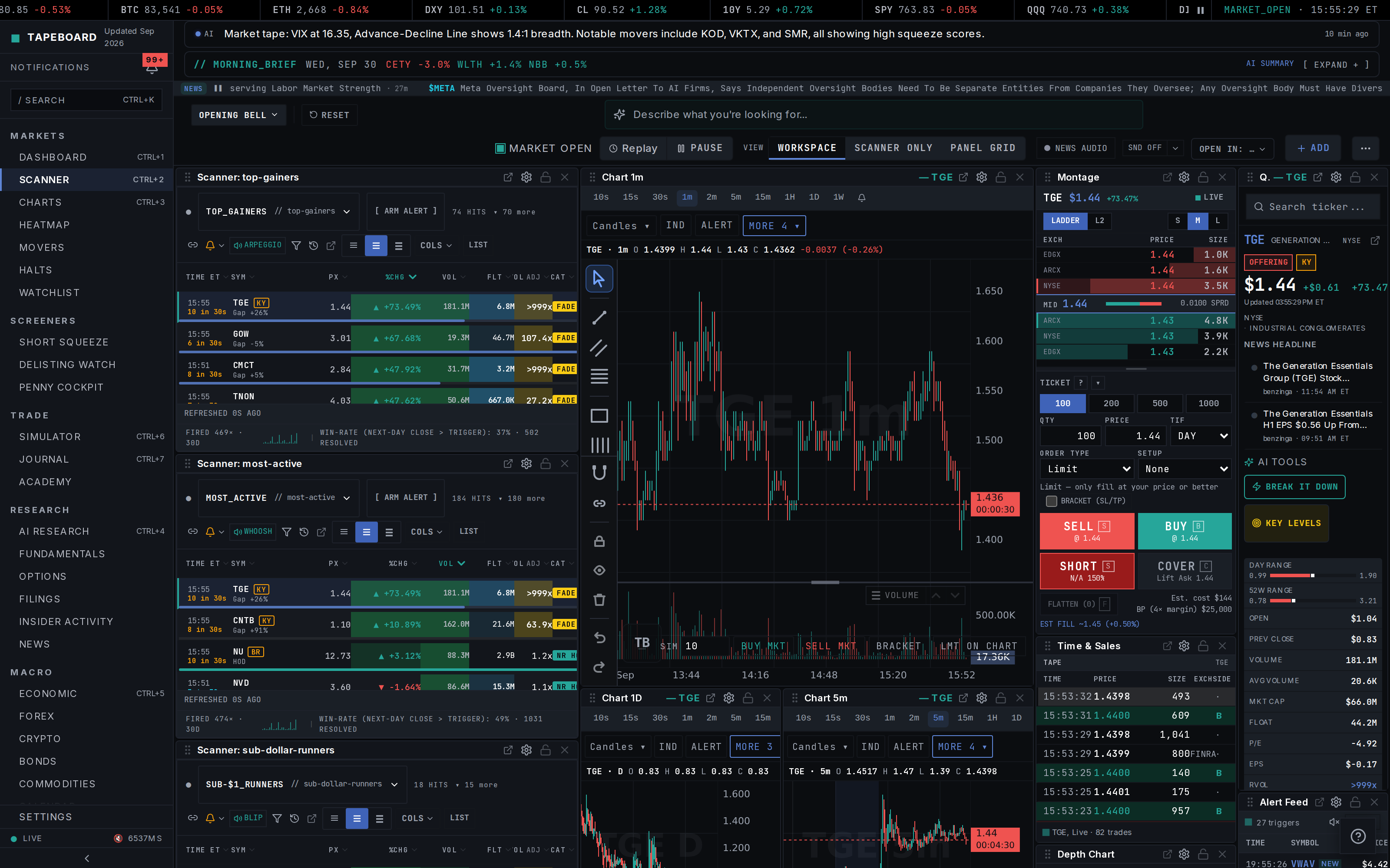 The scanner workspace: scan panels on the left, chart and quote on the right