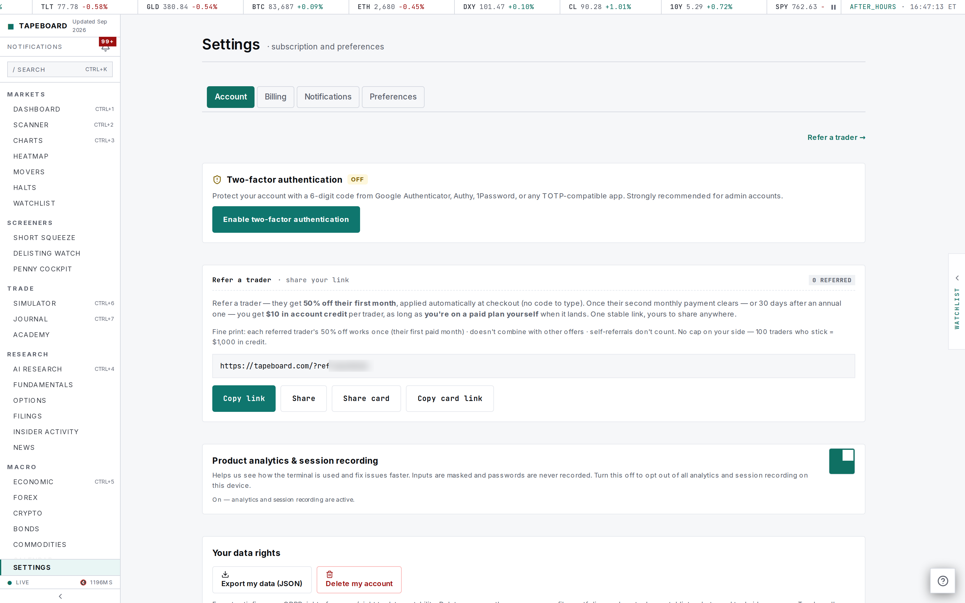 The settings page