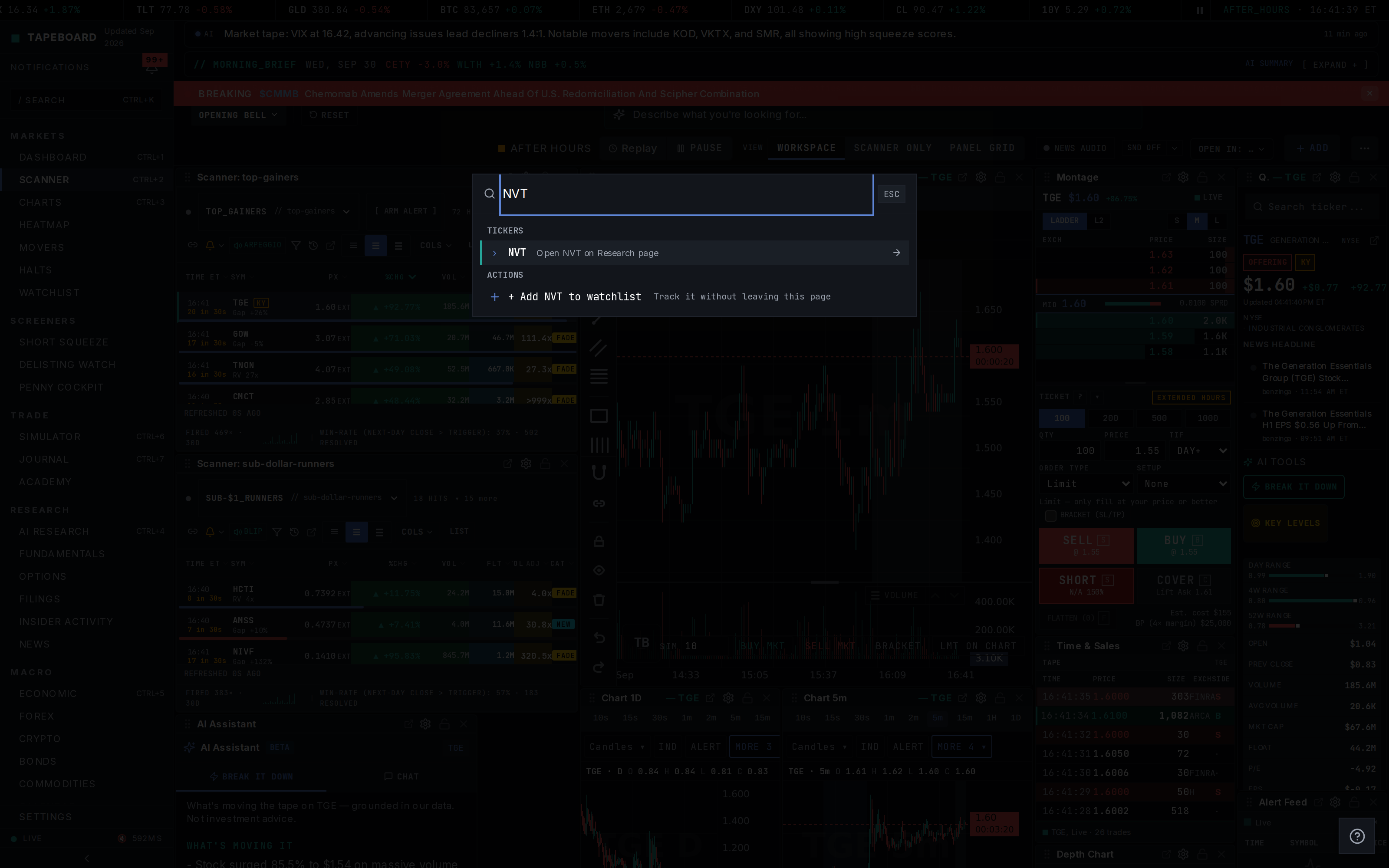 The command palette with a ticker typed in